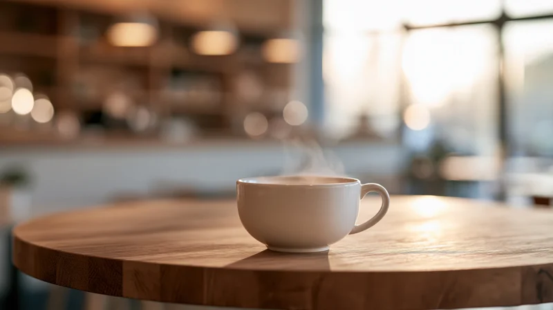 Steaming white ceramic coffee cup on a round wooden table in a cafe interior