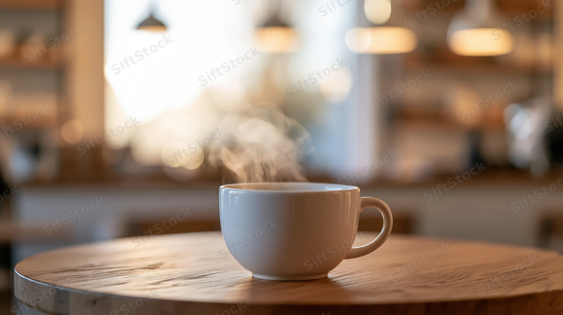 Steaming white ceramic coffee cup on a round wooden table in a cafe interior