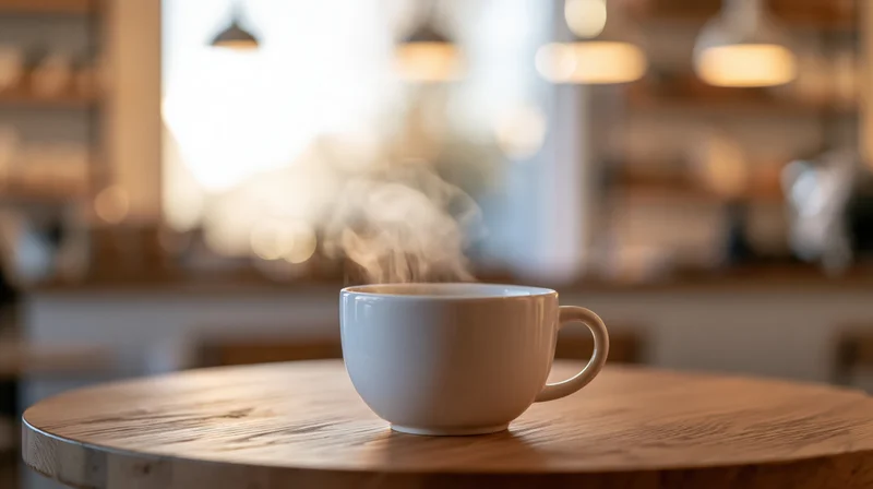 Steaming white ceramic coffee cup on a round wooden table in a cafe interior