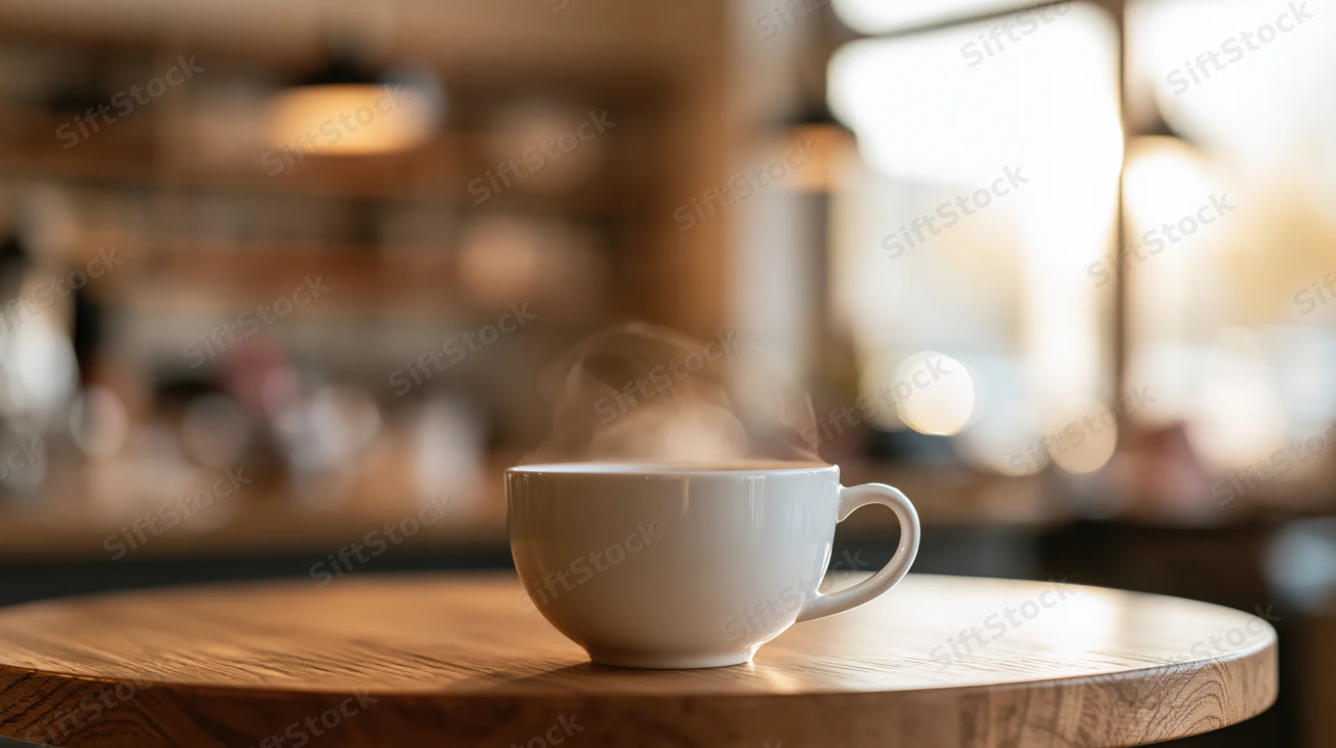 Steaming white ceramic coffee cup on a round wooden table in a cafe interior