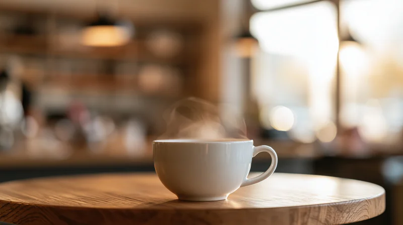 Steaming white ceramic coffee cup on a round wooden table in a cafe interior