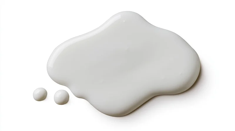 White milk or cream spill forming a smooth rounded puddle on a plain surface