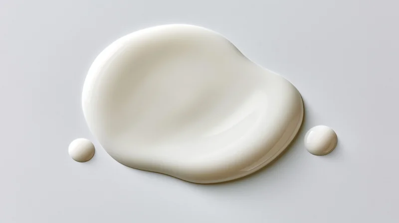 White cream spill forming a smooth rounded puddle on a light surface
