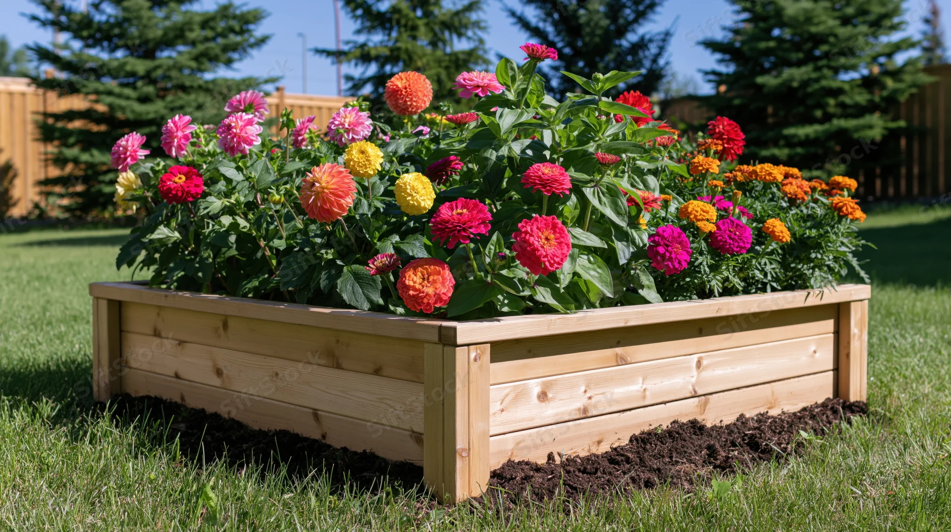 Wooden raised garden bed filled with blooming zinnias and dahlias in a grassy backyard