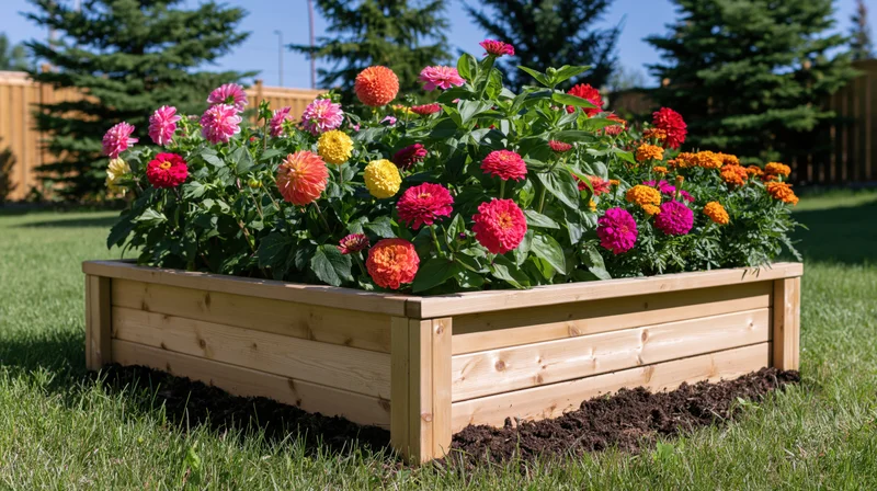 Wooden raised garden bed filled with blooming zinnias and dahlias in a grassy backyard