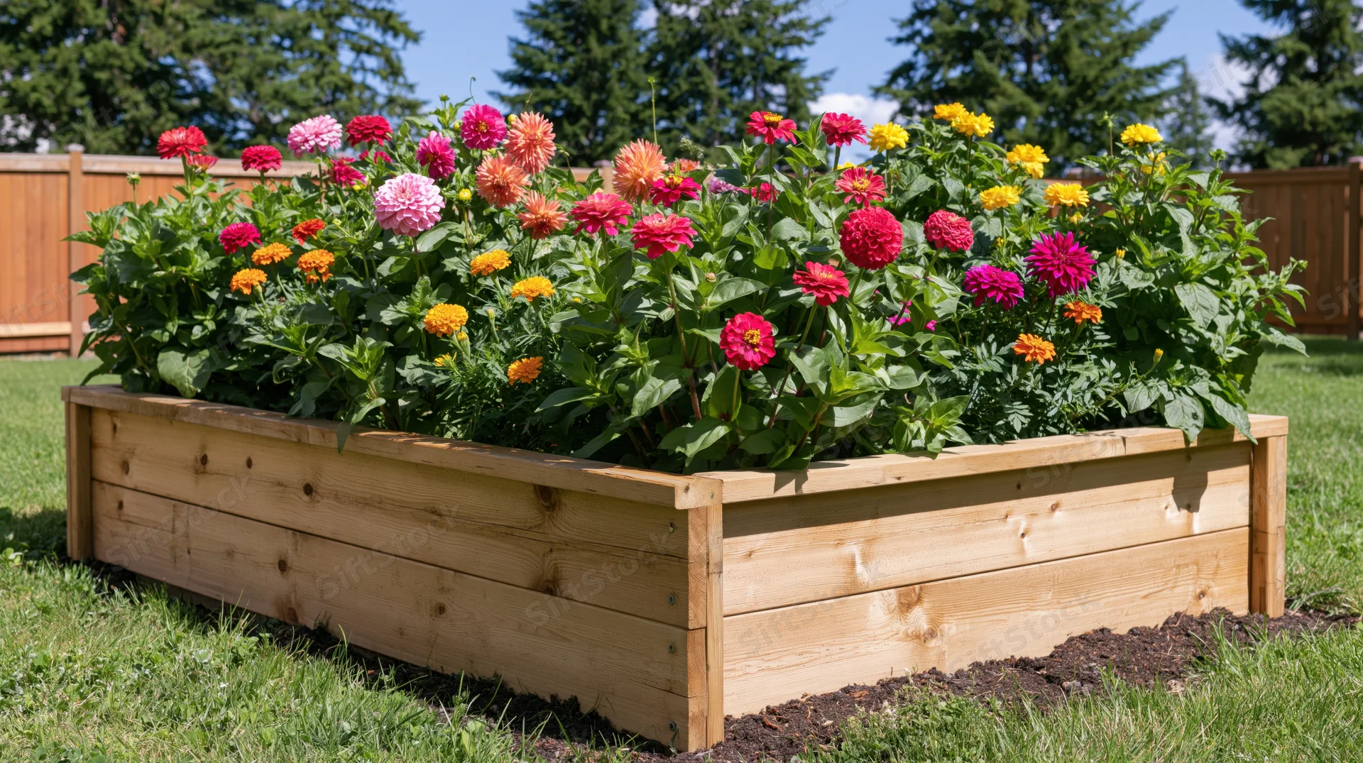 Wooden raised garden bed filled with blooming zinnias and dahlias in a grassy backyard