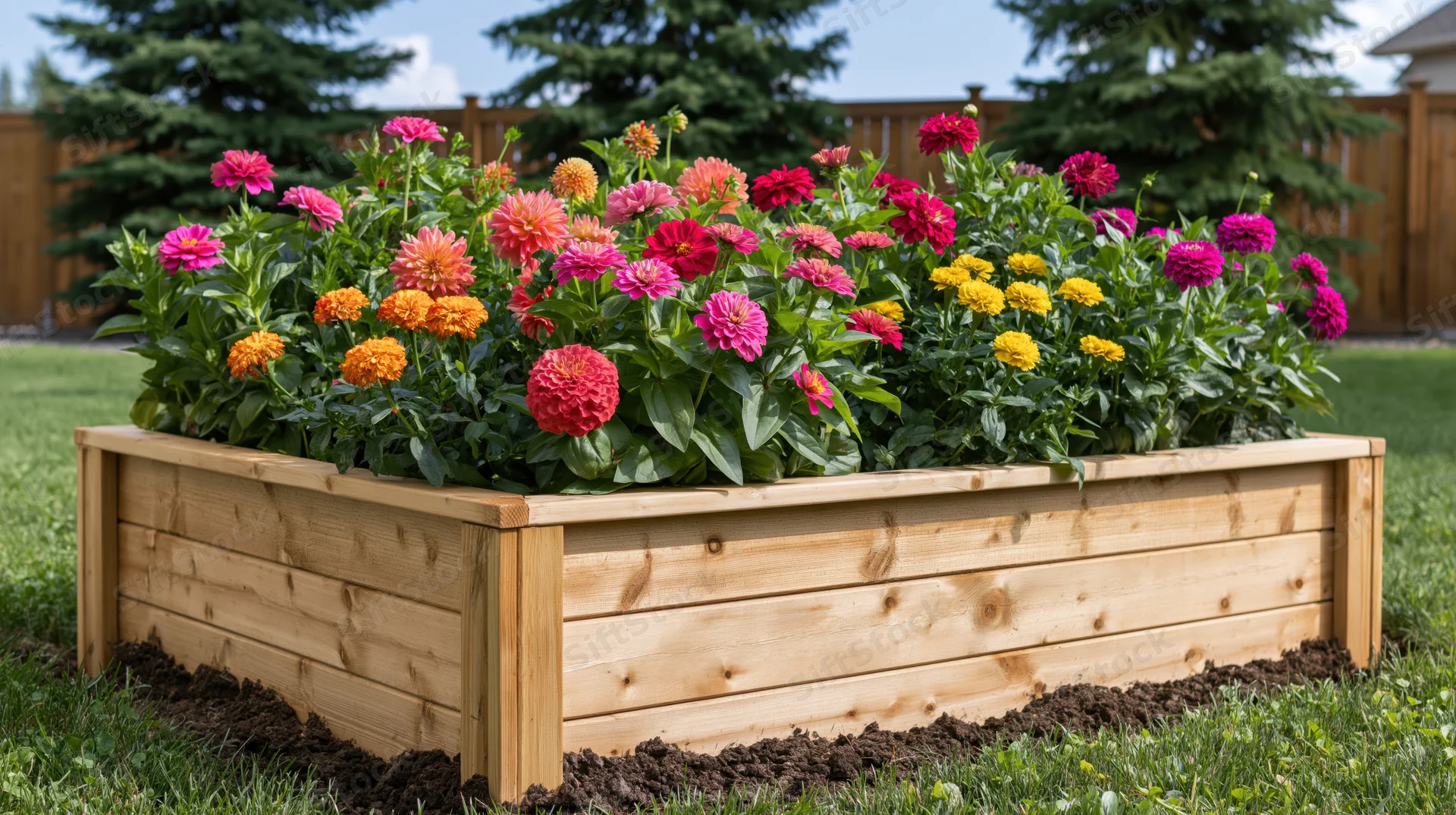 Wooden raised garden bed filled with blooming zinnias and dahlias in a grassy backyard