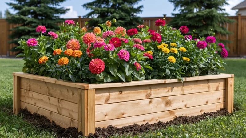 Wooden raised garden bed filled with blooming zinnias and dahlias in a grassy backyard