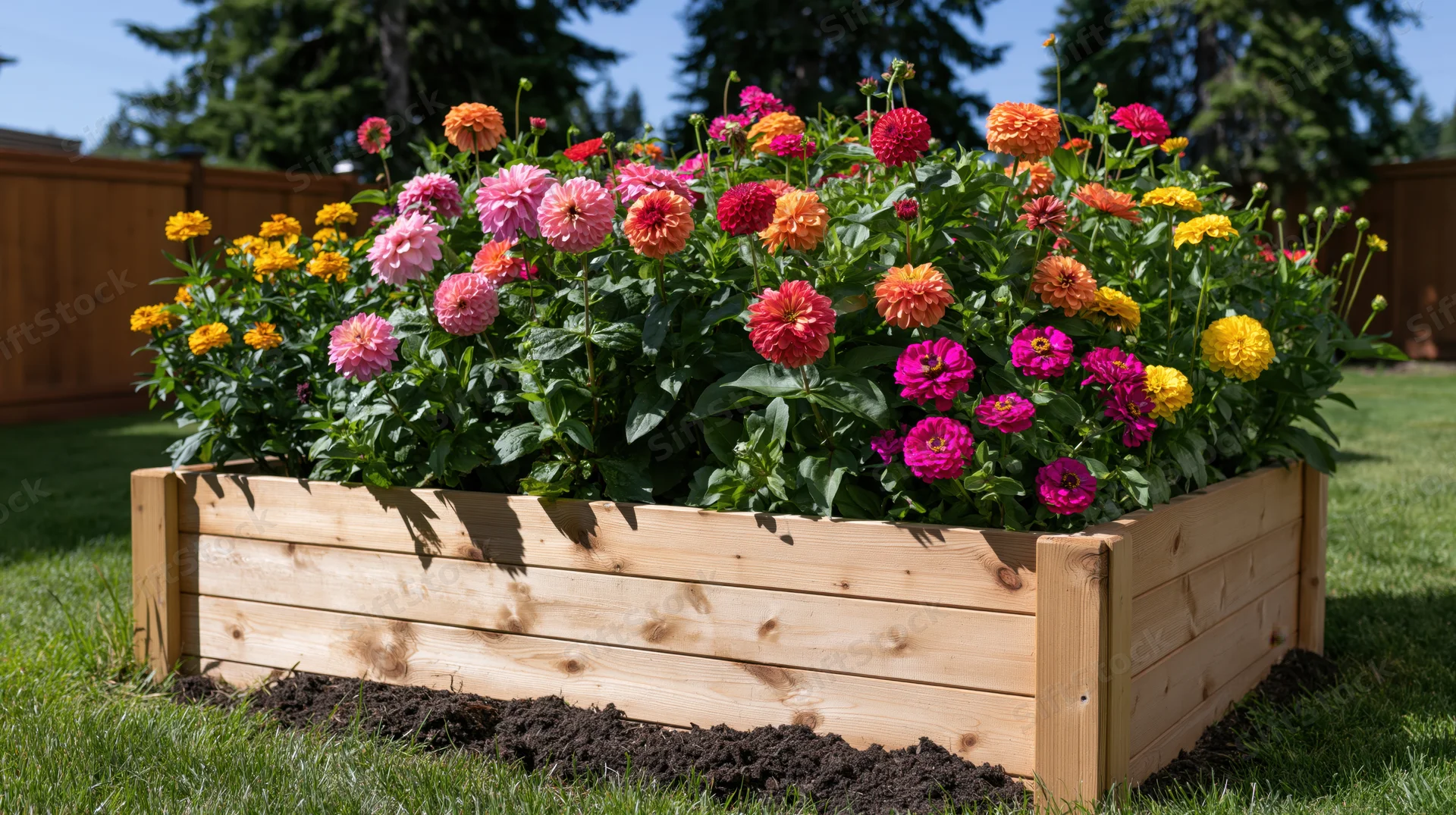 Wooden raised garden bed filled with blooming zinnias and dahlias in a grassy backyard