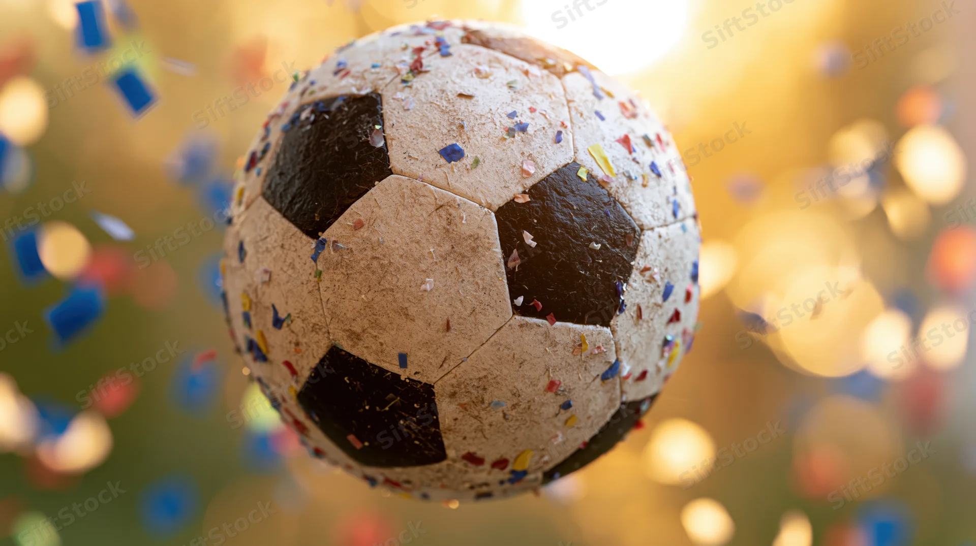 Worn soccer ball covered in confetti floating midair against a glowing festive background