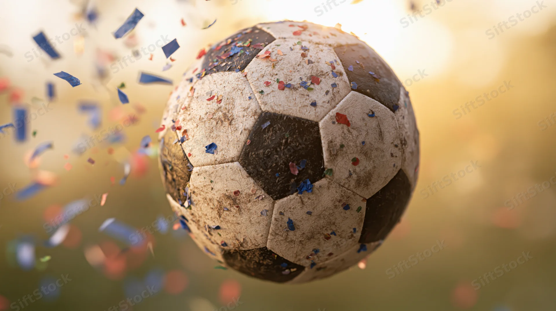 Worn soccer ball floating mid-air amidst falling confetti above grass field