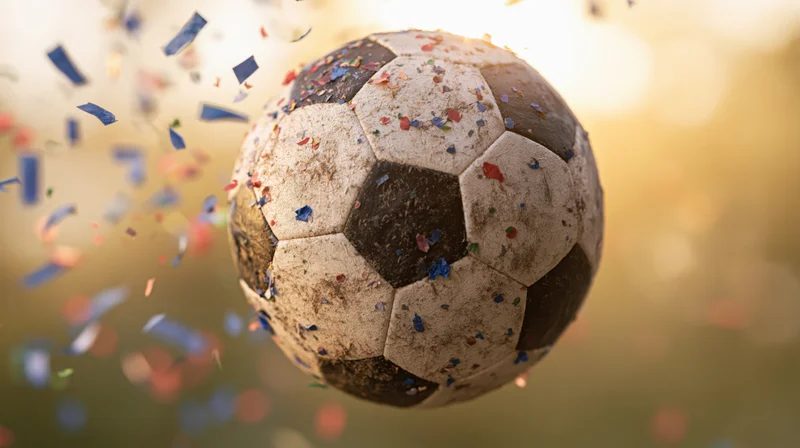 Worn soccer ball floating mid-air amidst falling confetti above grass field