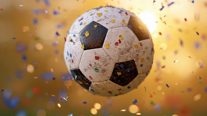 Worn soccer ball floating midair amidst falling confetti with golden glow background