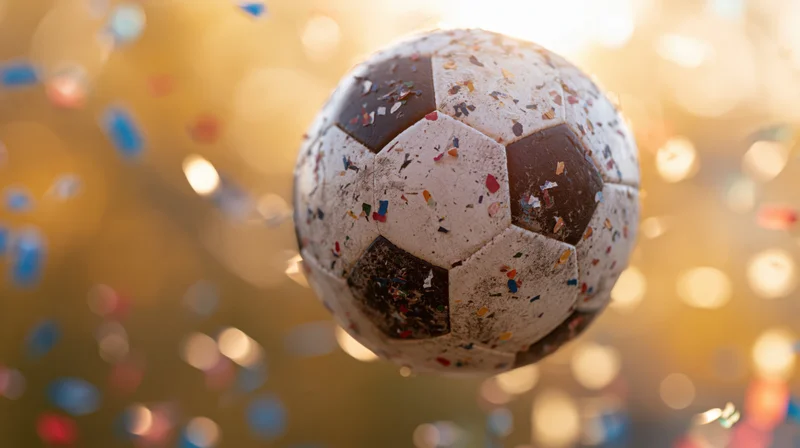 Worn soccer ball floating midair with confetti and golden bokeh background
