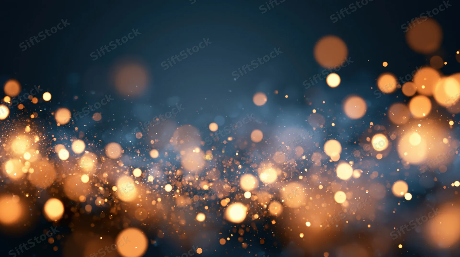 Abstract bokeh background with scattered gold and warm amber lights on dark blue gradient