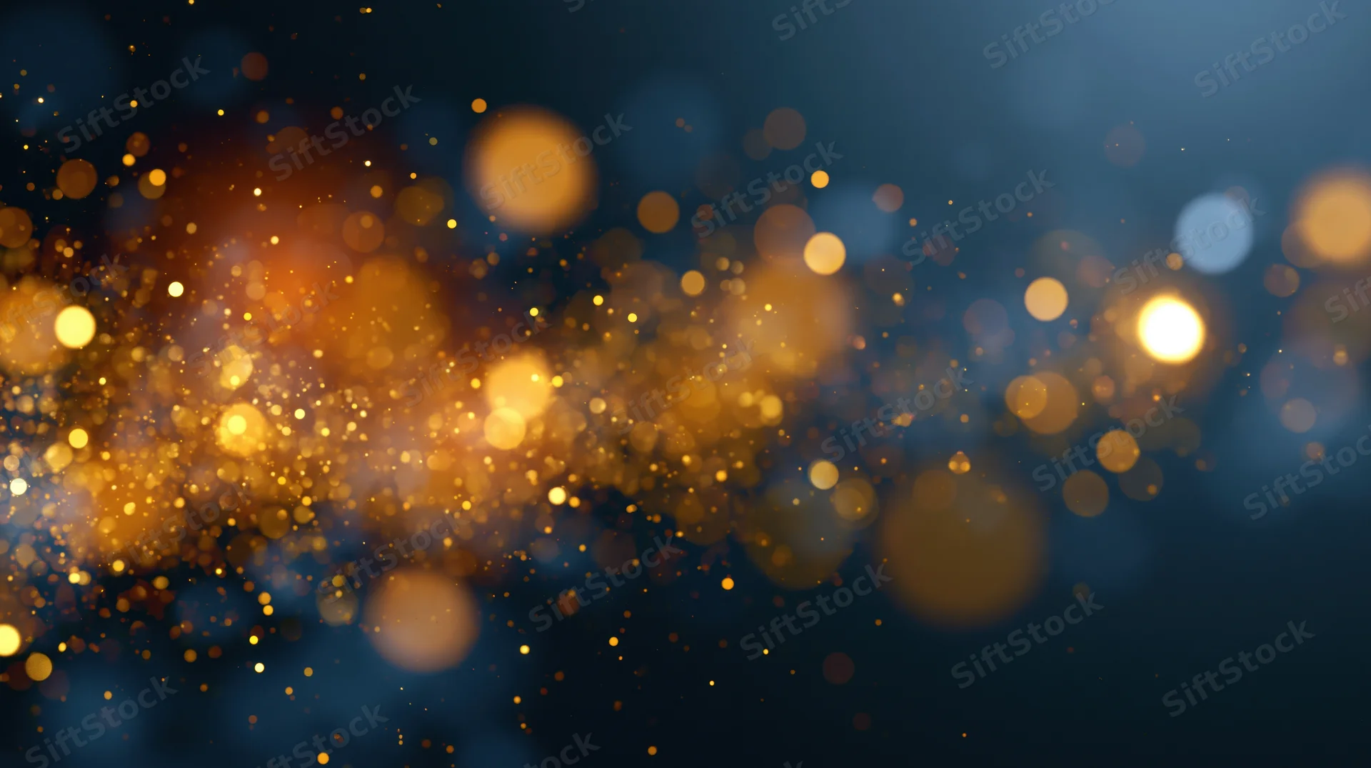 Abstract bokeh background with scattered gold and warm amber lights on dark blue gradient