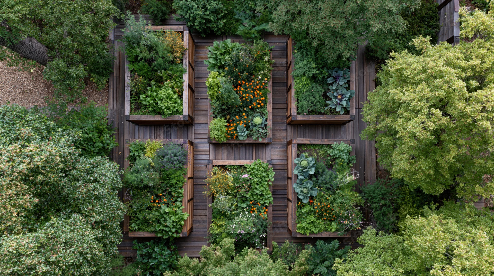 Aerial top-down view of a backyard vegetable garden with ten raised wooden planters arranged in rows on a wooden deck surrounded by green foliage