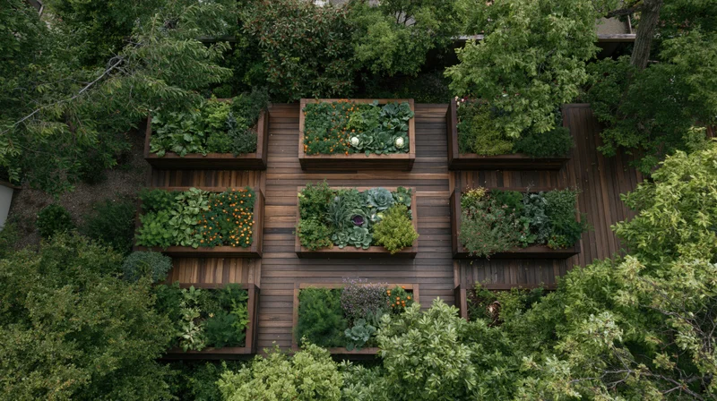 Aerial top-down view of a backyard vegetable garden with ten raised wooden beds arranged on a deck surrounded by trees