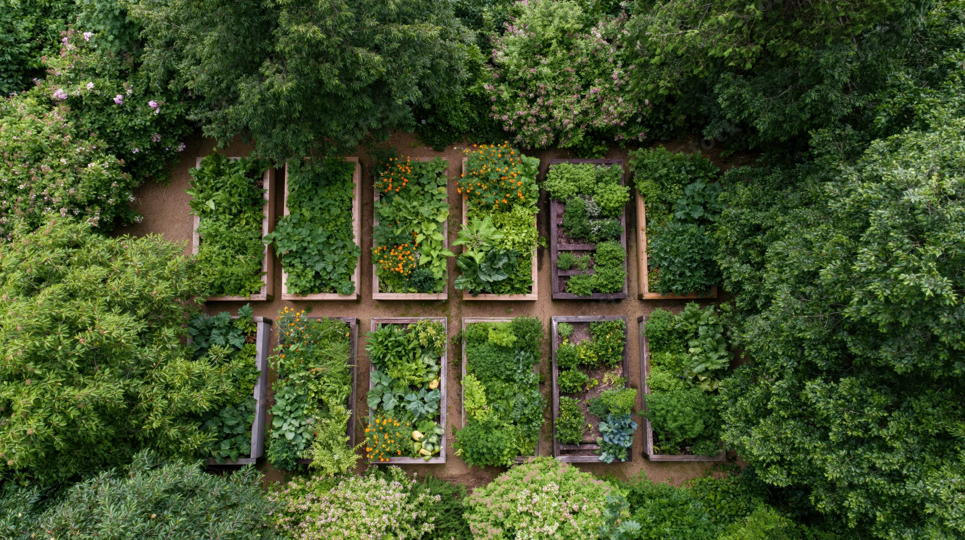 Aerial top-down view of a backyard vegetable garden with ten raised beds surrounded by trees and flowering shrubs
