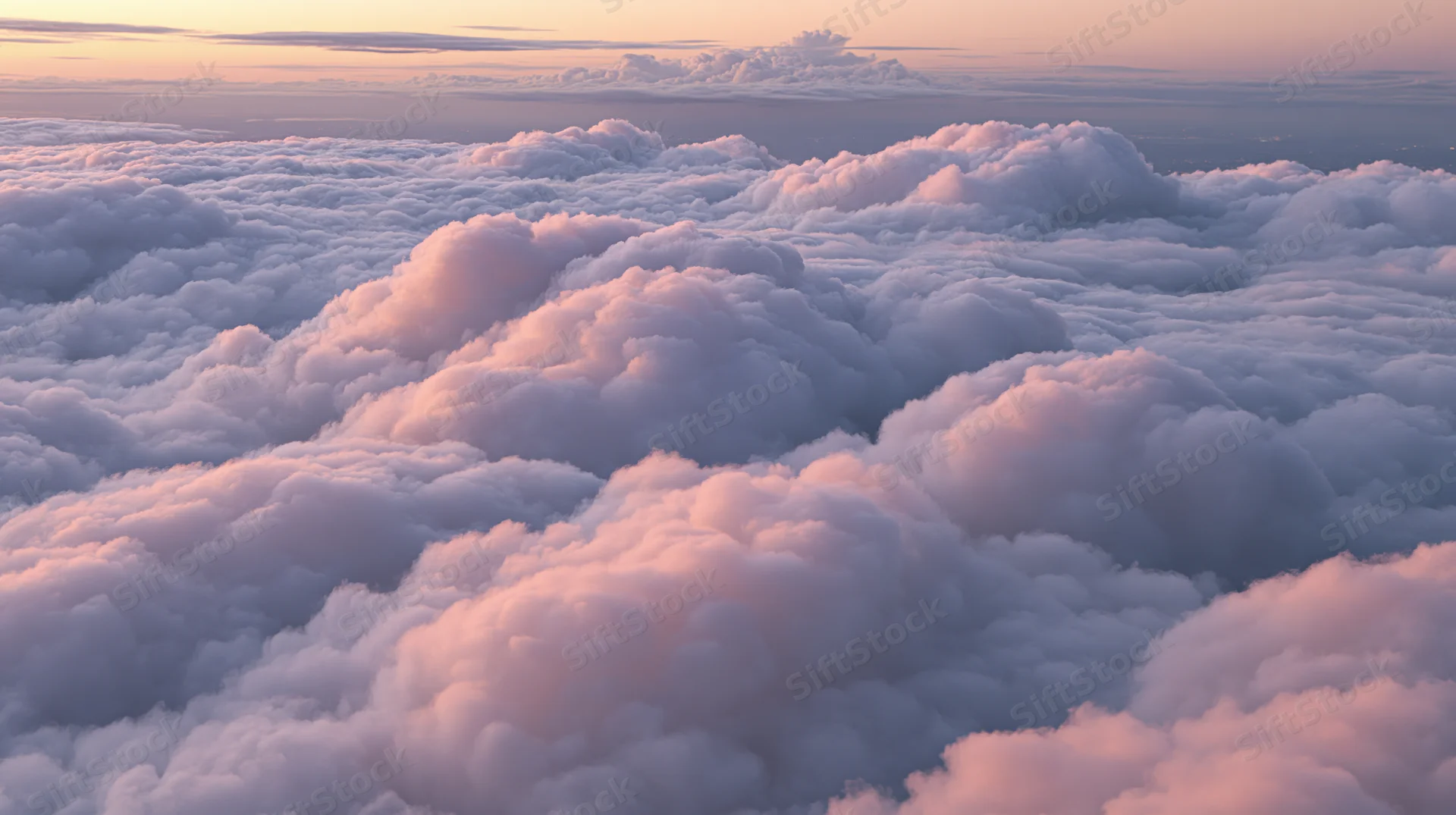 Aerial view of billowing cumulus clouds stretching across the sky at sunset
