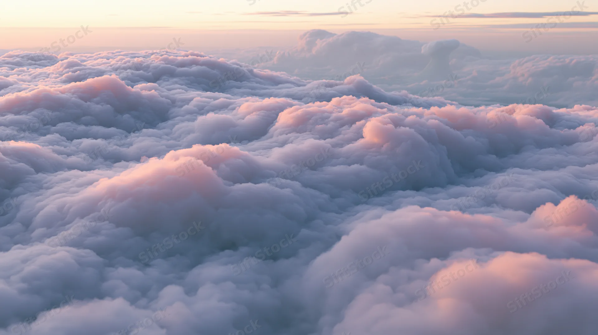 Aerial view of billowing cumulus clouds above the horizon at sunset