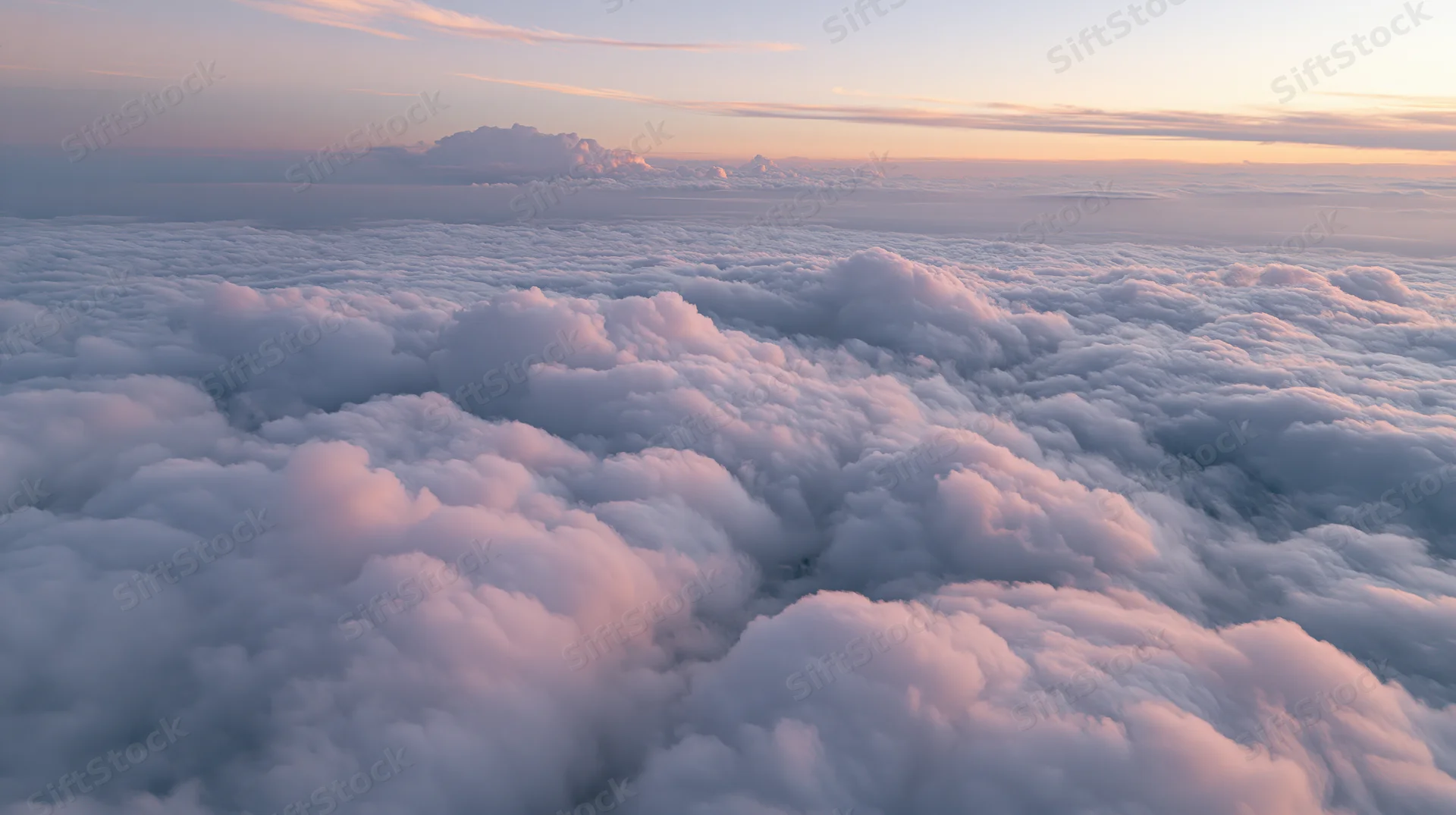 Aerial view above a vast sea of billowing cumulus clouds at sunrise