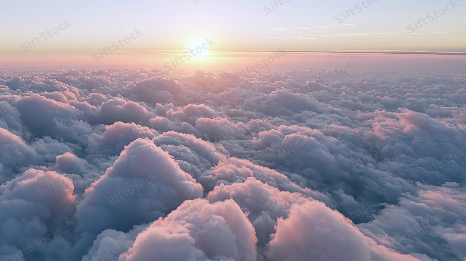 Aerial view of cumulus clouds at sunset above the horizon