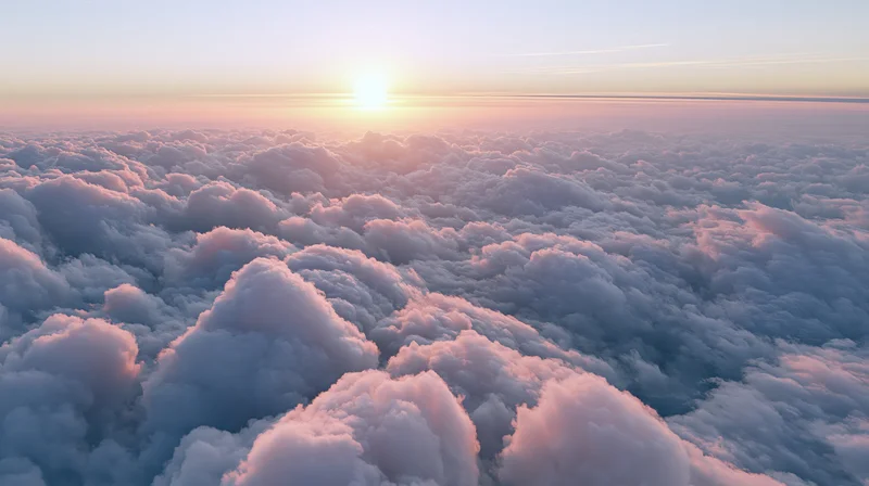 Aerial view of cumulus clouds at sunset above the horizon