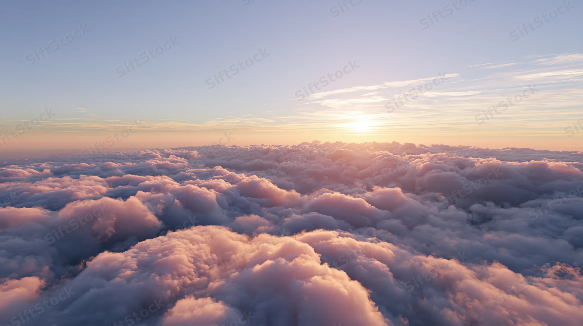 Aerial view of a sea of cumulus clouds at sunrise above the horizon