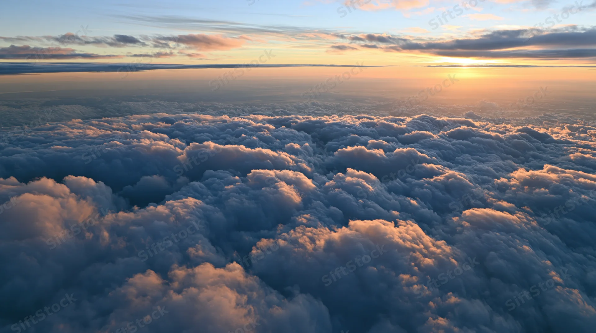 Aerial view above a vast sea of dense cumulus clouds at sunset