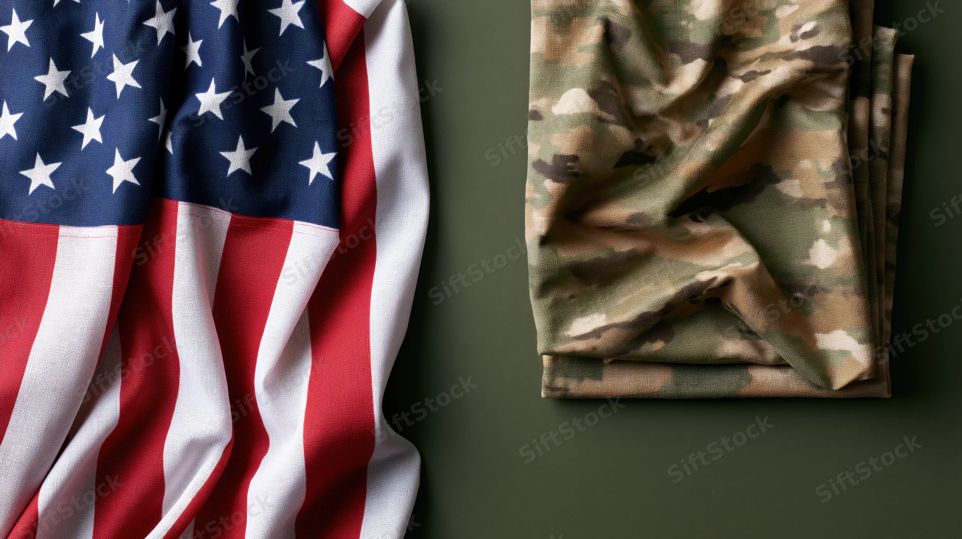 American flag draped beside folded woodland camouflage fabric on dark green surface