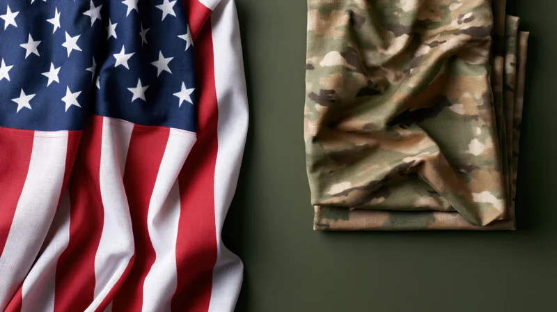 American flag draped beside folded woodland camouflage fabric on dark green surface