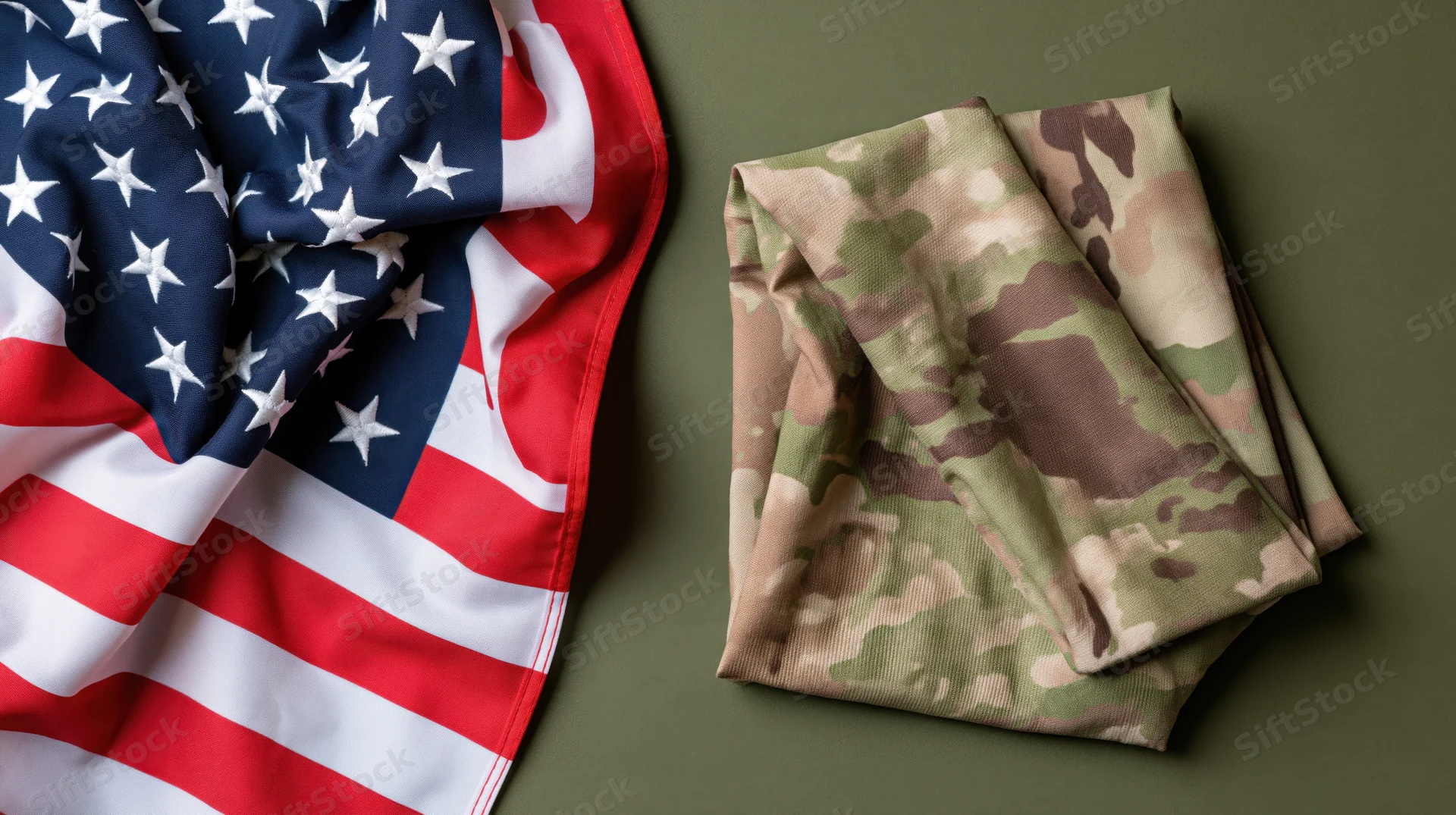 American flag draped beside folded woodland camouflage fabric on olive green surface
