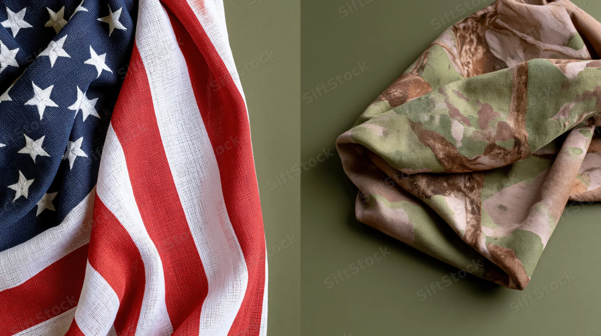 American flag draped beside folded woodland camouflage fabric on olive green surface