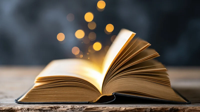 Open old hardcover book glowing with golden light on worn wooden surface