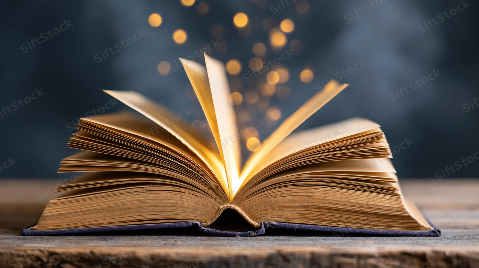 Open vintage book glowing with golden light on wooden surface