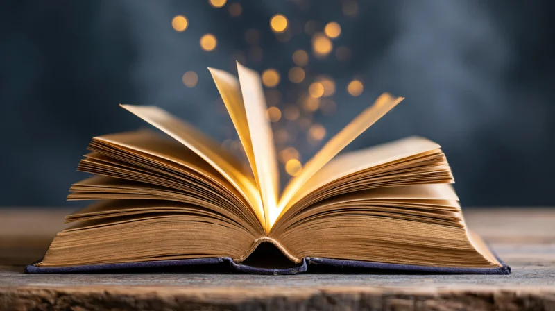 Open vintage book glowing with golden light on wooden surface