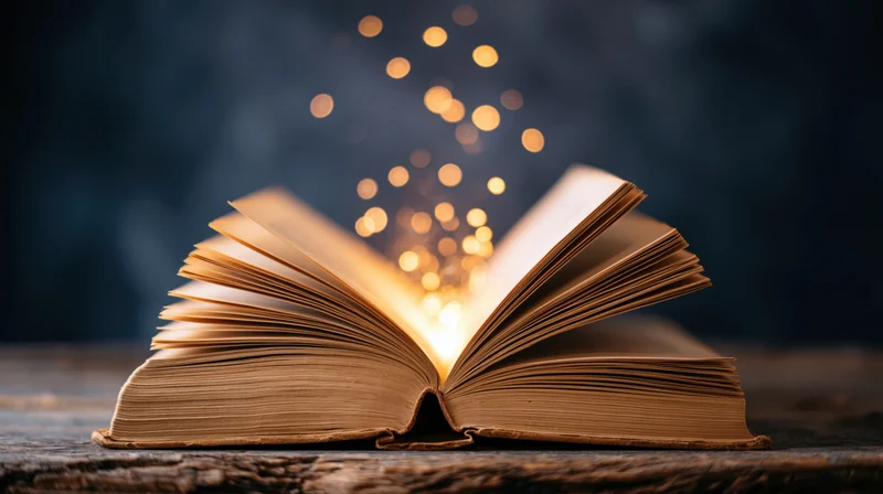 Open old hardcover book glowing with golden sparkles on wooden surface