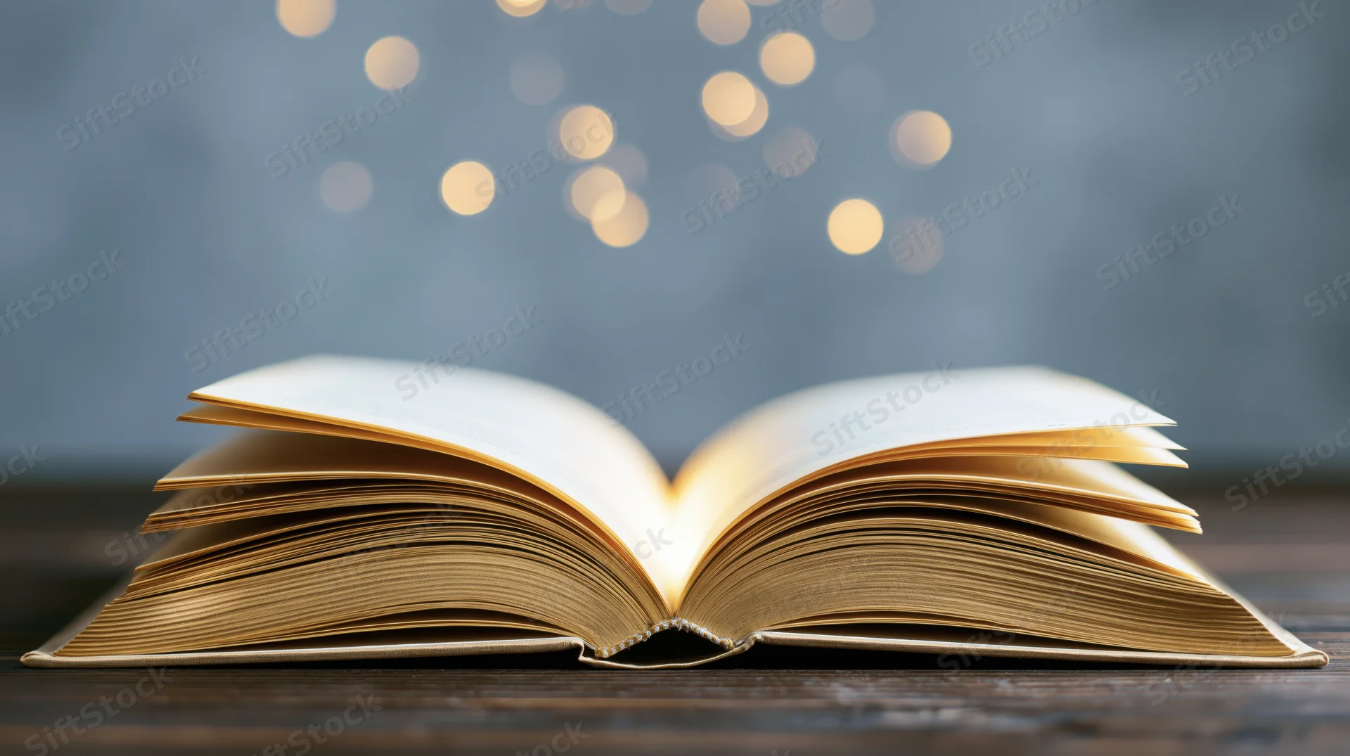 Open hardcover book resting on dark wooden table with glowing bokeh lights in background