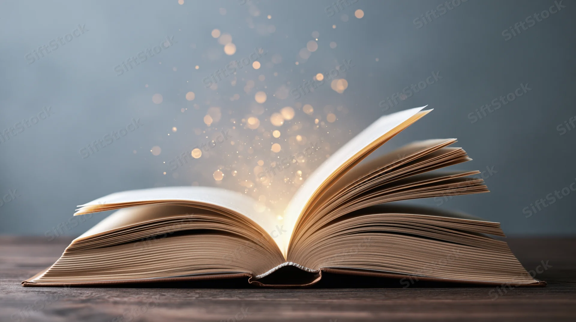 Open hardcover book on dark wooden table with glowing sparkles rising from pages