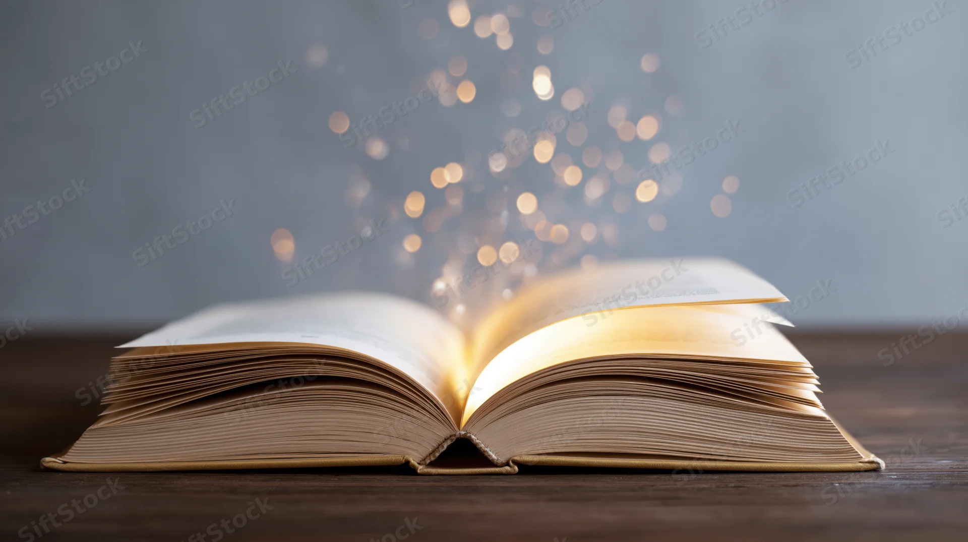 Open hardcover book glowing with sparkles on dark wooden table