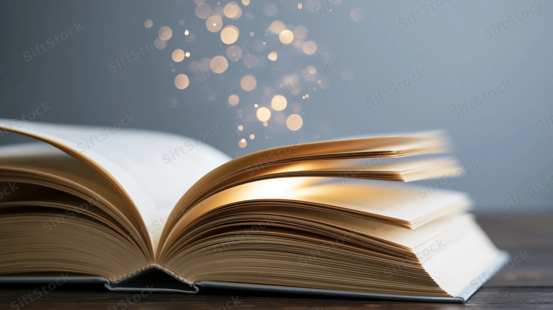 Open hardcover book lying on dark wooden table with glowing sparkles rising from pages