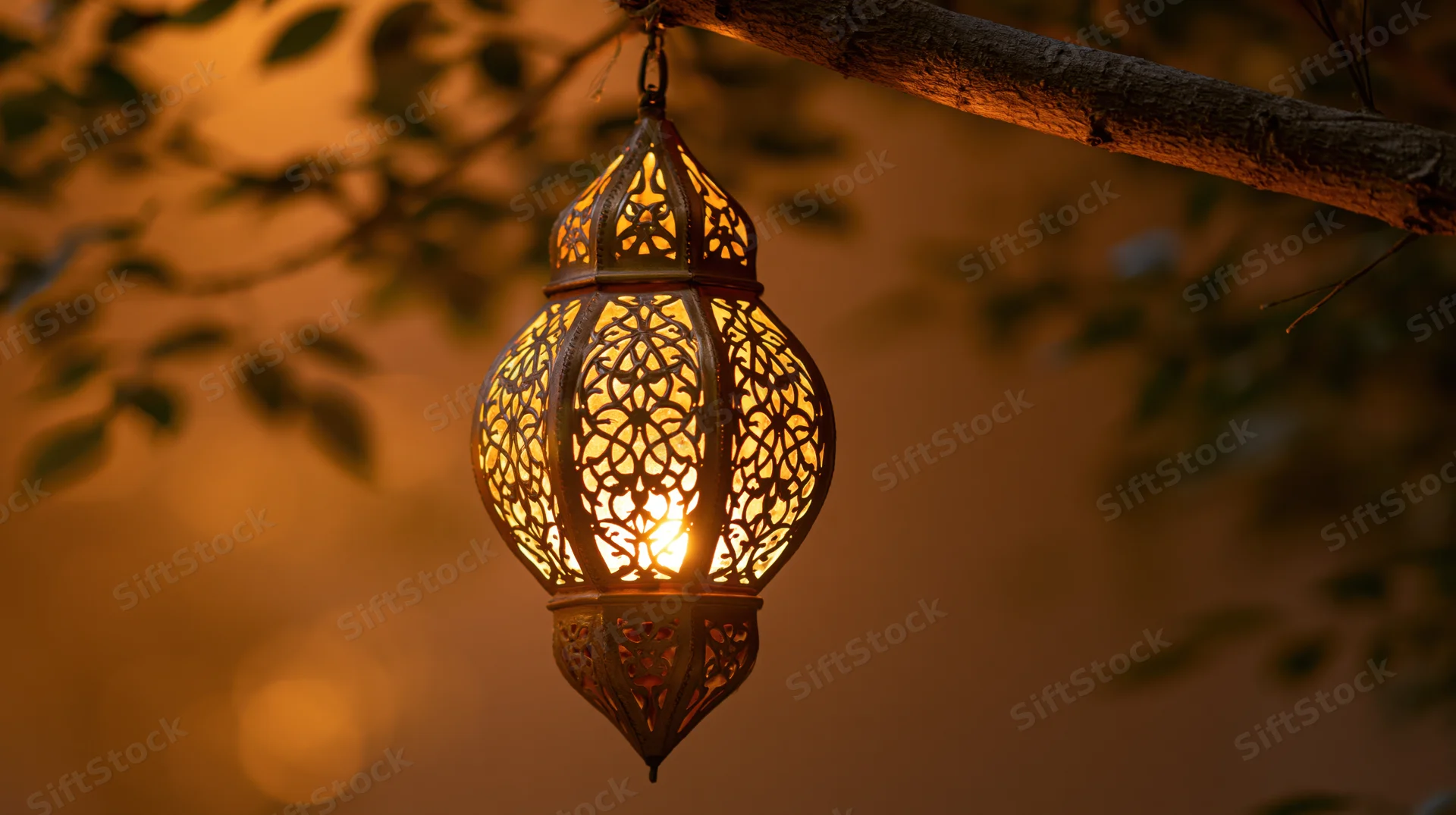 Ornate brass arabic lantern hanging from a tree branch glowing warmly at dusk