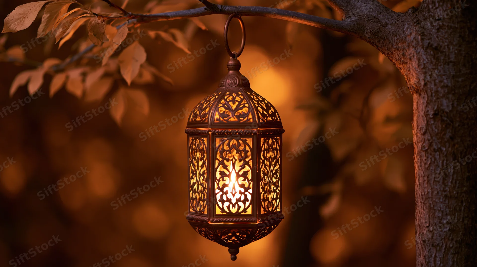 Ornate brass arabic lantern hanging from tree branch glowing warmly in evening garden