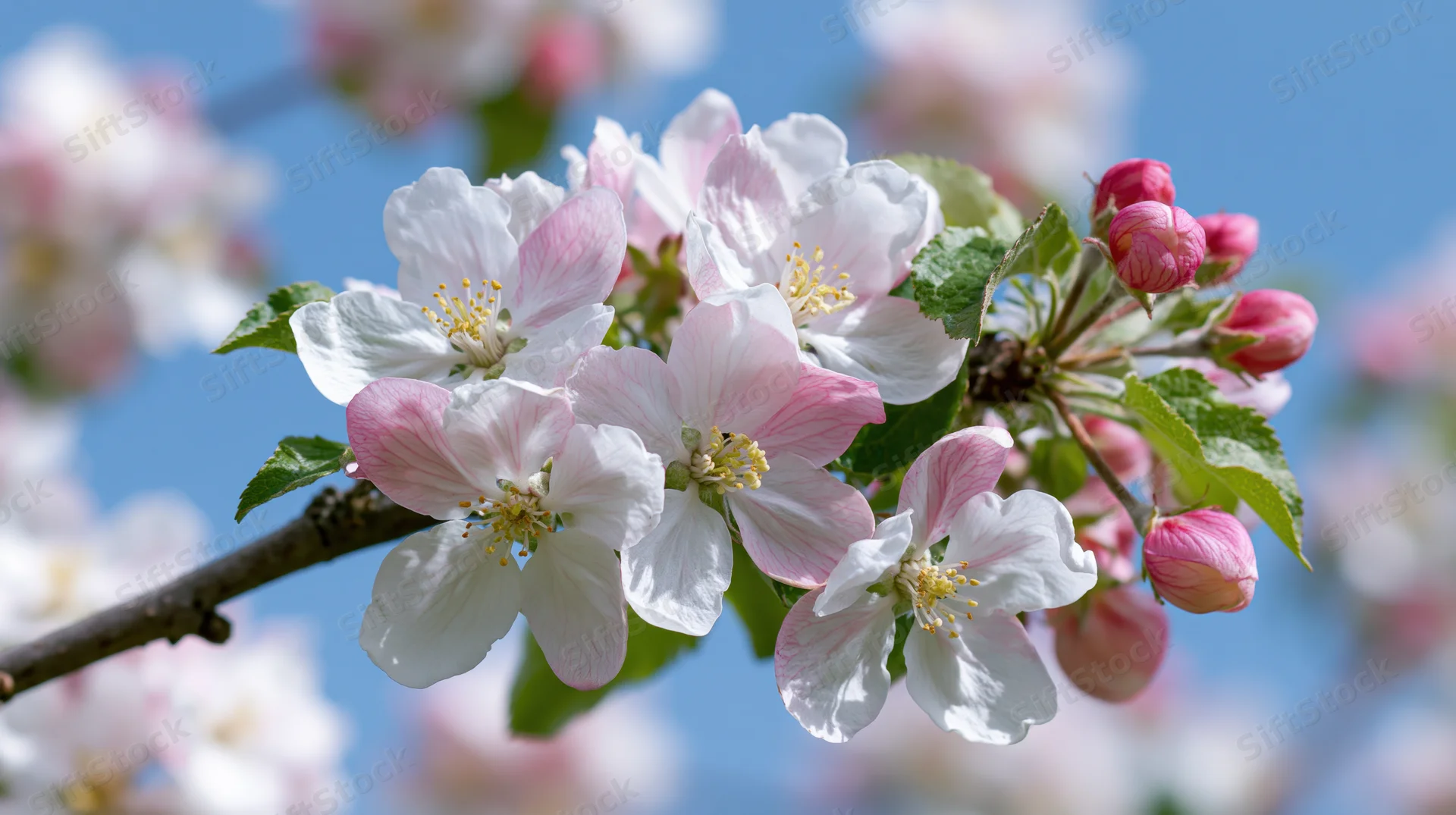 Apple tree branch with white and pink blossoms against blue sky