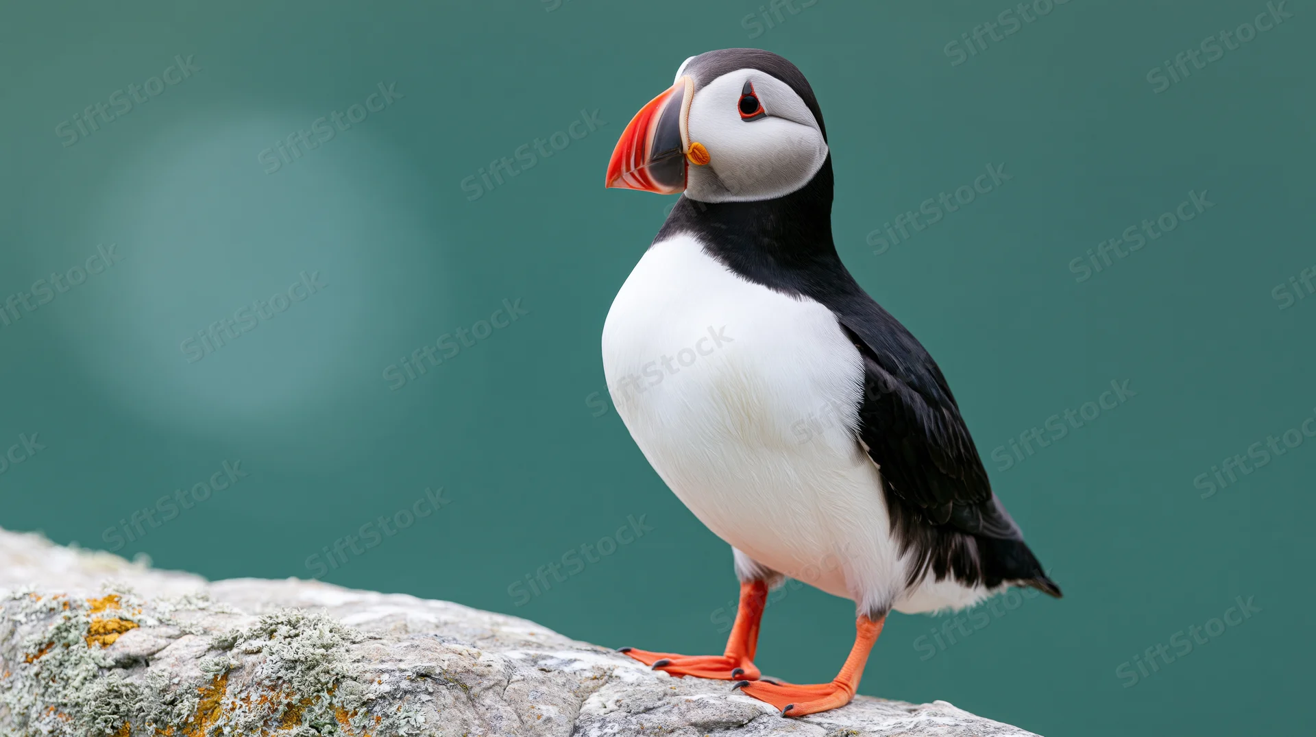 Atlantic puffin standing upright on a lichen-covered rock by the coast