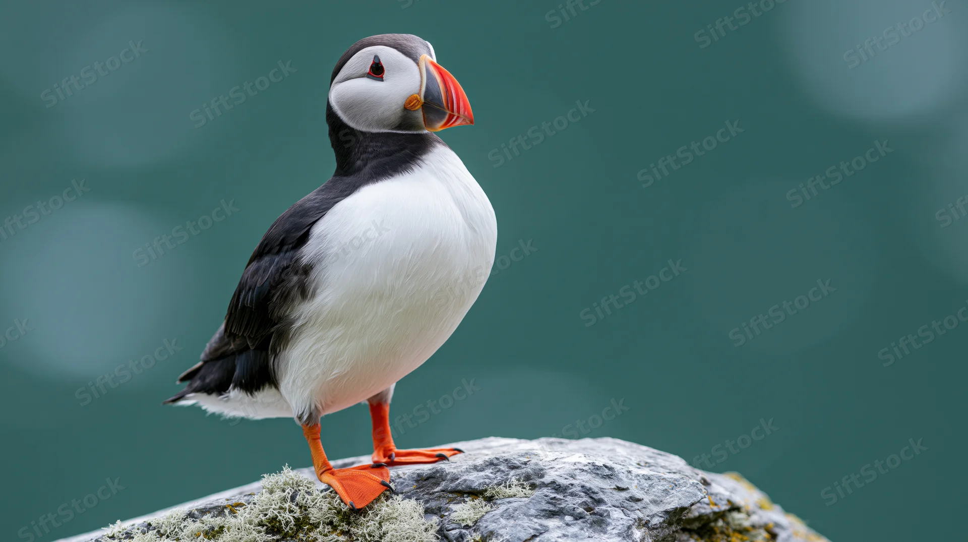 Atlantic puffin standing upright on a lichen-covered rock by the coast