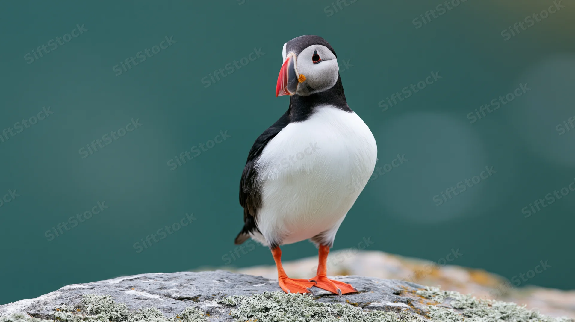 Atlantic puffin standing upright on a lichen-covered rock by the coast