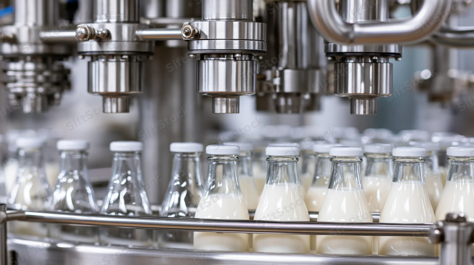 Glass bottles being filled with milk on a conveyor line in a dairy factory