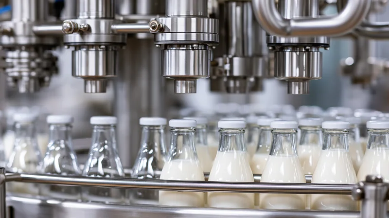 Glass bottles being filled with milk on a conveyor line in a dairy factory